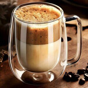 2 Pcs Double Wall Glass Mugs Tea, Coffee, Expresso, 11.67 OZ Insulated w/Spoon